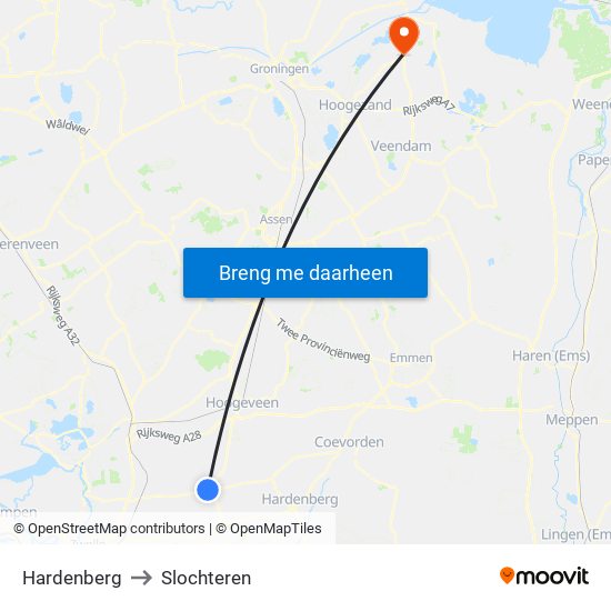 Hardenberg to Slochteren map