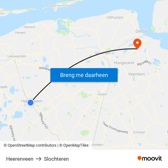 Heerenveen to Slochteren map