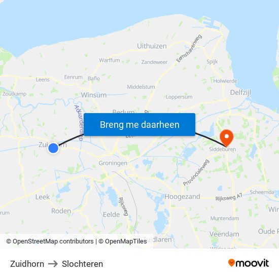 Zuidhorn to Slochteren map