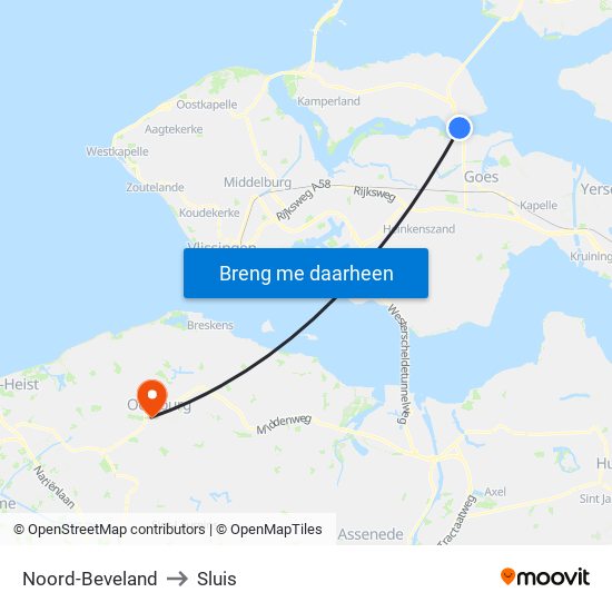 Noord-Beveland to Sluis map