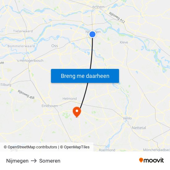 Nijmegen to Someren map