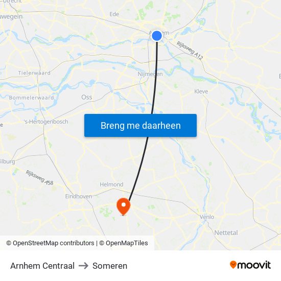 Arnhem Centraal to Someren map