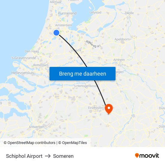 Schiphol Airport to Someren map