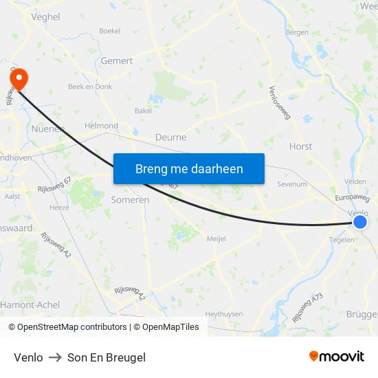 Venlo to Son En Breugel map