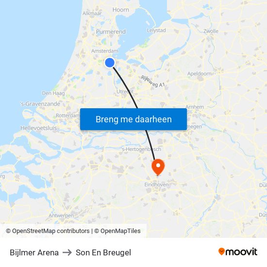 Bijlmer Arena to Son En Breugel map