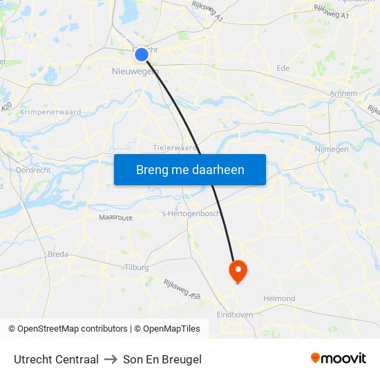 Utrecht Centraal to Son En Breugel map