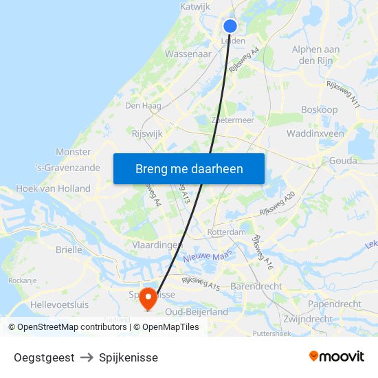 Oegstgeest to Spijkenisse map