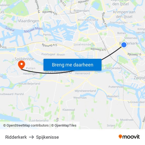 Ridderkerk to Spijkenisse map