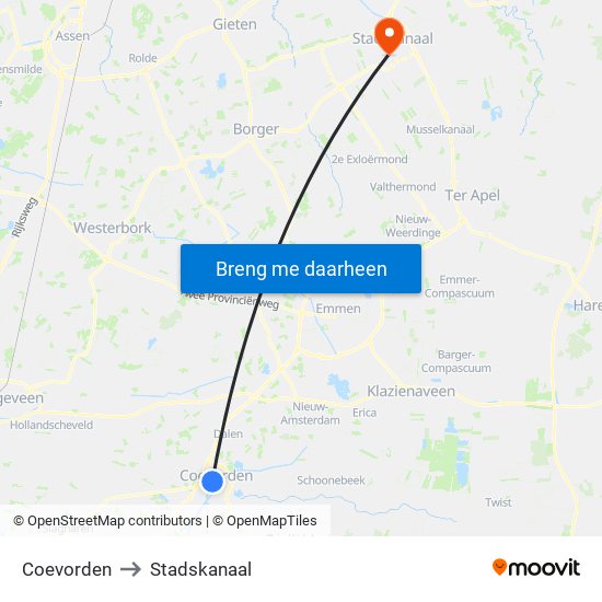 Coevorden to Stadskanaal map