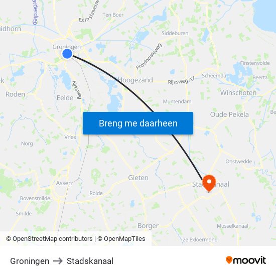 Groningen to Stadskanaal map