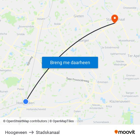 Hoogeveen to Stadskanaal map