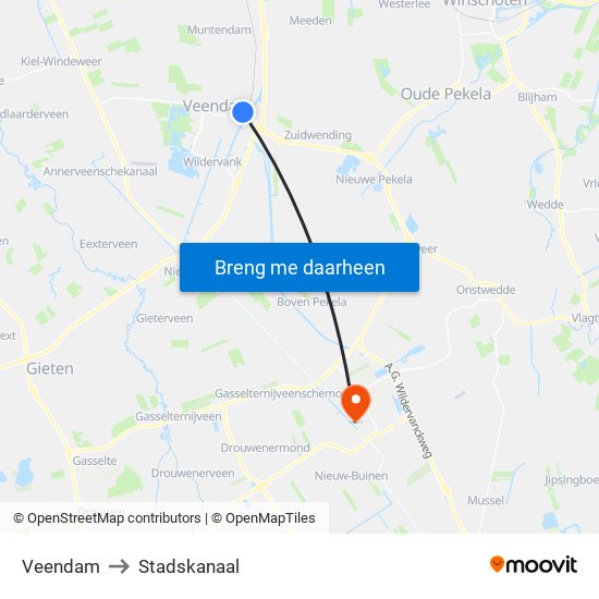 Veendam to Stadskanaal map