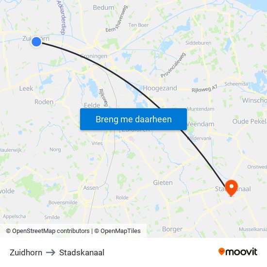 Zuidhorn to Stadskanaal map