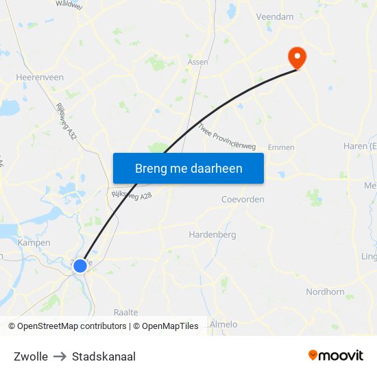 Zwolle to Stadskanaal map
