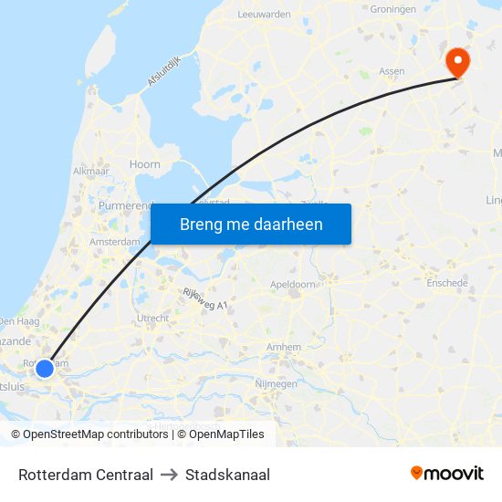 Rotterdam Centraal to Stadskanaal map