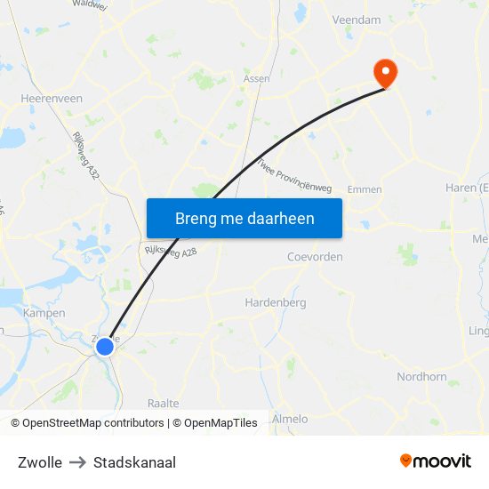 Zwolle to Stadskanaal map