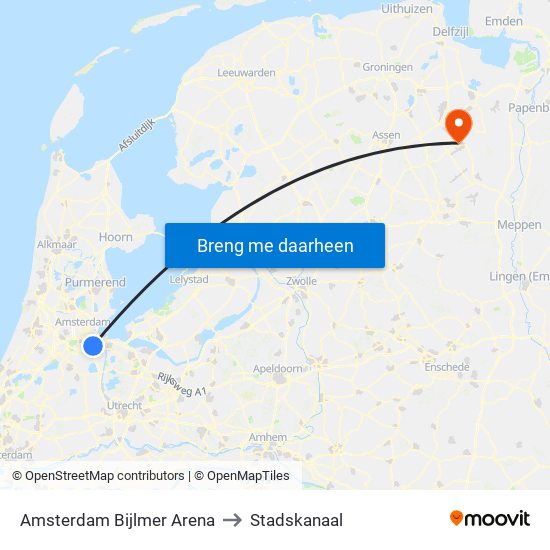 Amsterdam Bijlmer Arena to Stadskanaal map