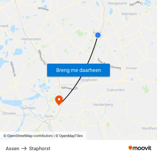 Assen to Staphorst map