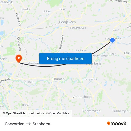 Coevorden to Staphorst map