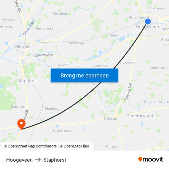 Hoogeveen to Staphorst map