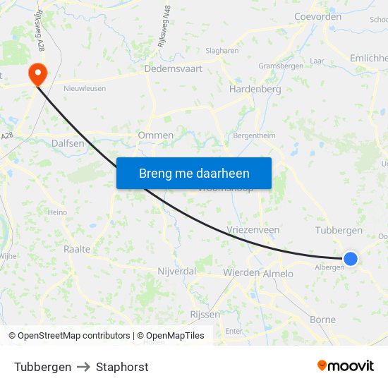 Tubbergen to Staphorst map