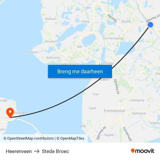 Heerenveen to Stede Broec map