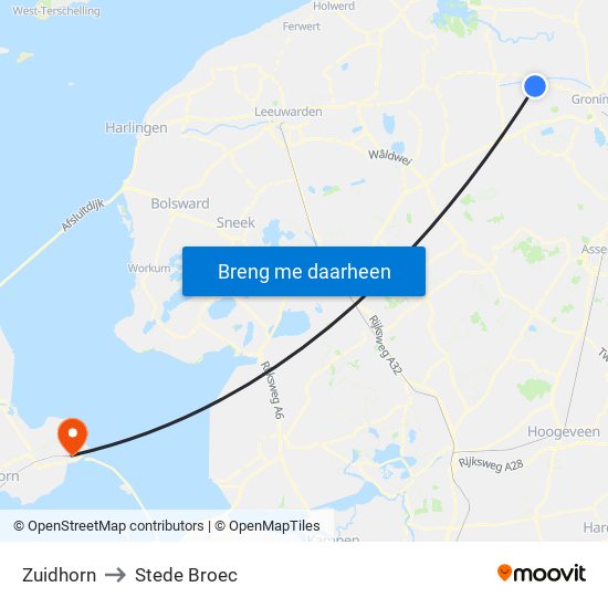 Zuidhorn to Stede Broec map