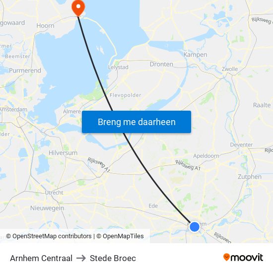 Arnhem Centraal to Stede Broec map
