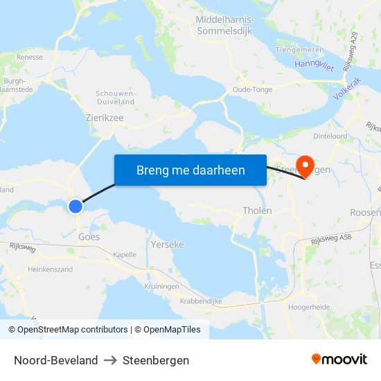 Noord-Beveland to Steenbergen map