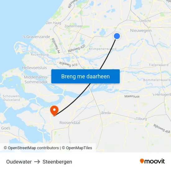 Oudewater to Steenbergen map