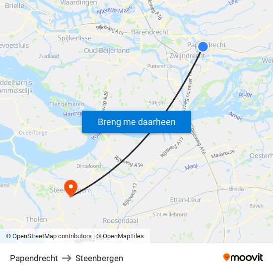 Papendrecht to Steenbergen map