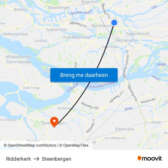 Ridderkerk to Steenbergen map