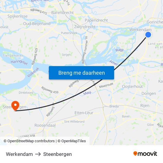 Werkendam to Steenbergen map