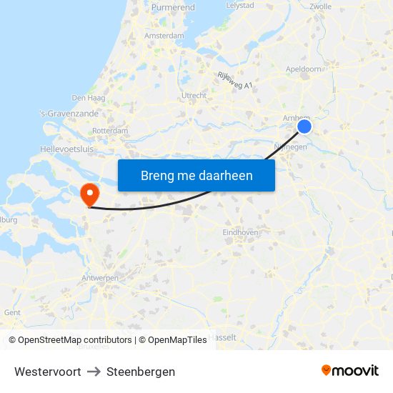 Westervoort to Steenbergen map