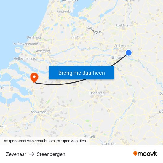Zevenaar to Steenbergen map