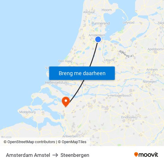Amsterdam Amstel to Steenbergen map