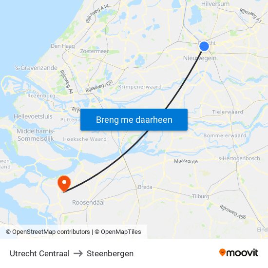 Utrecht Centraal to Steenbergen map