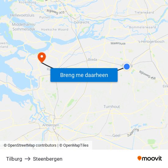 Tilburg to Steenbergen map