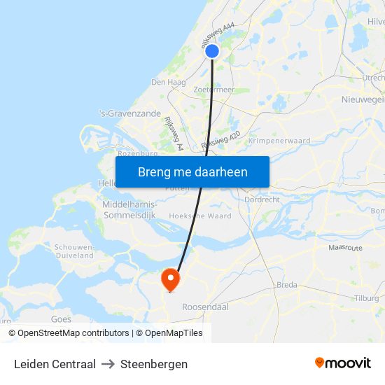 Leiden Centraal to Steenbergen map