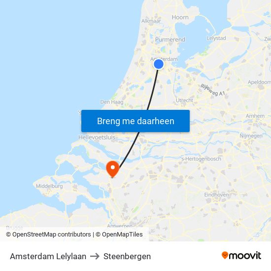 Amsterdam Lelylaan to Steenbergen map