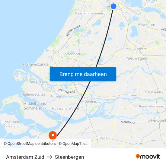 Amsterdam Zuid to Steenbergen map
