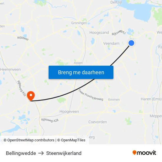 Bellingwedde to Steenwijkerland map