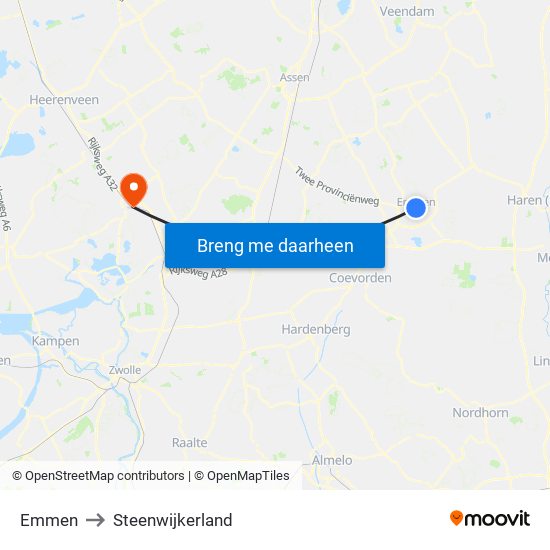 Emmen to Steenwijkerland map