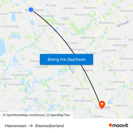 Heerenveen to Steenwijkerland map