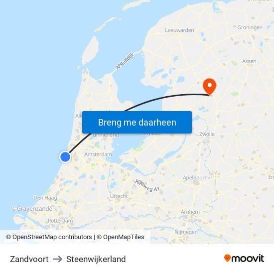 Zandvoort to Steenwijkerland map