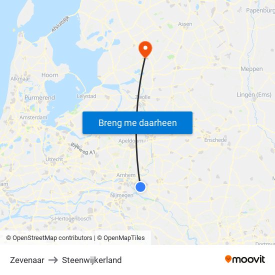 Zevenaar to Steenwijkerland map
