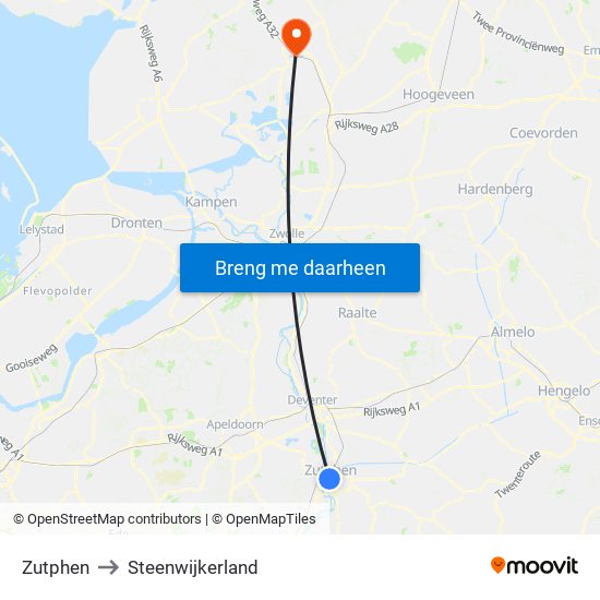 Zutphen to Steenwijkerland map