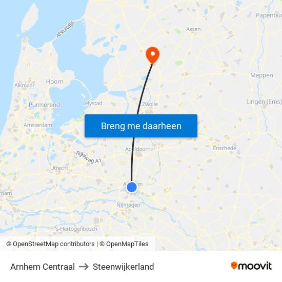 Arnhem Centraal to Steenwijkerland map