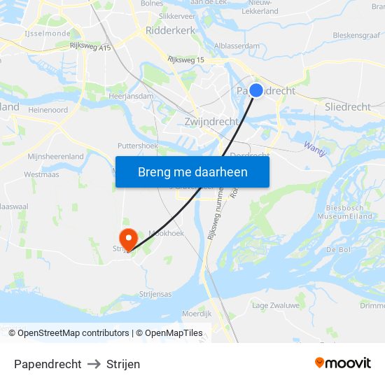 Papendrecht to Strijen map