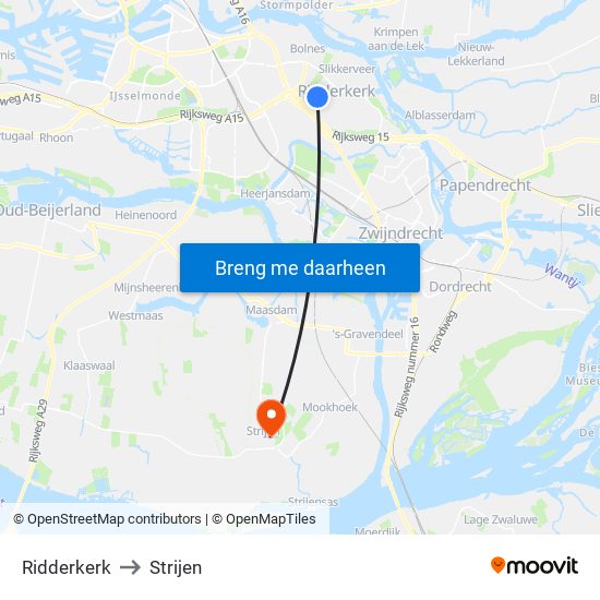 Ridderkerk to Strijen map